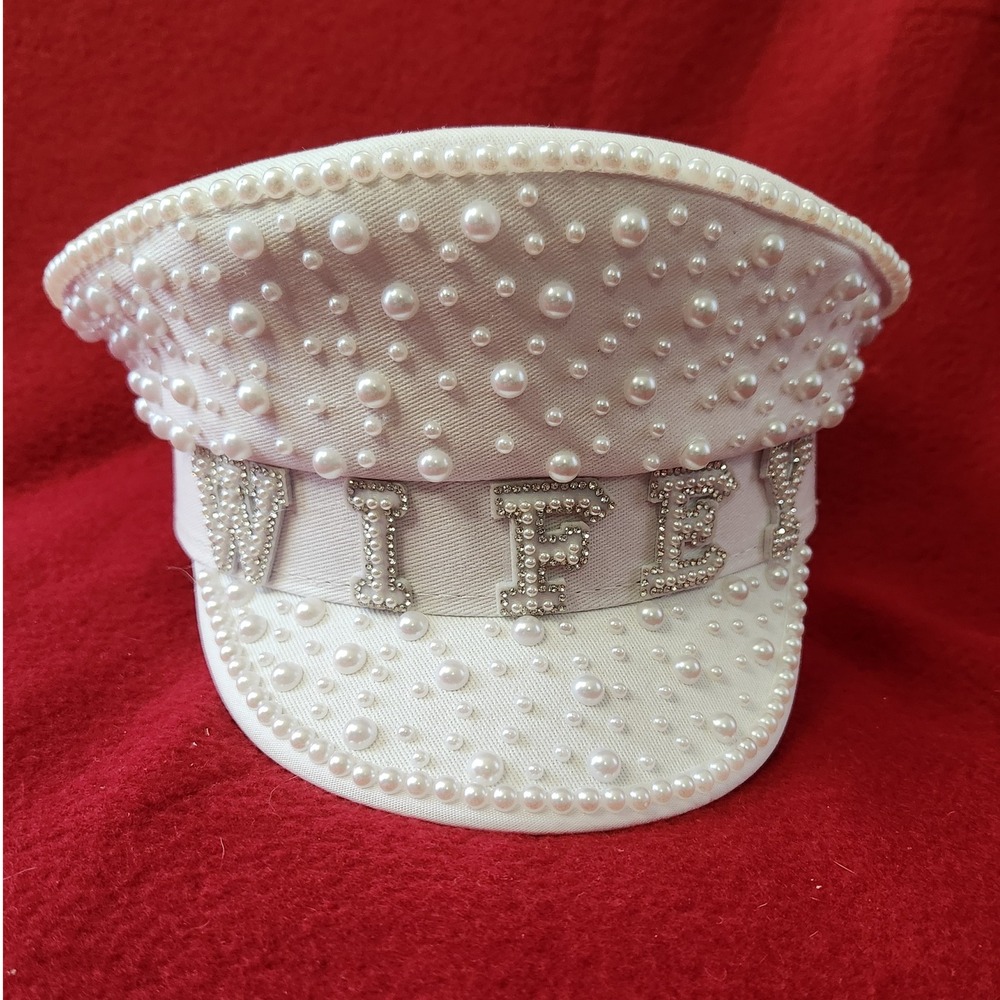 Pearl-Embellished White 'Wifey' Bride  Bachelorette Hat / Cap / Sailor Hat